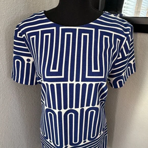 TRINA TURK Zap Geometric Short Sleeve Shift Dress Blue White Large - Picture 6 of 10